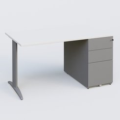 [Pas de famille] - [Pas de sous famille] - K2 Plateau droit 140x80 avec caisson métalique sous le plateau. Plateau Blanc et pietement Aluminium