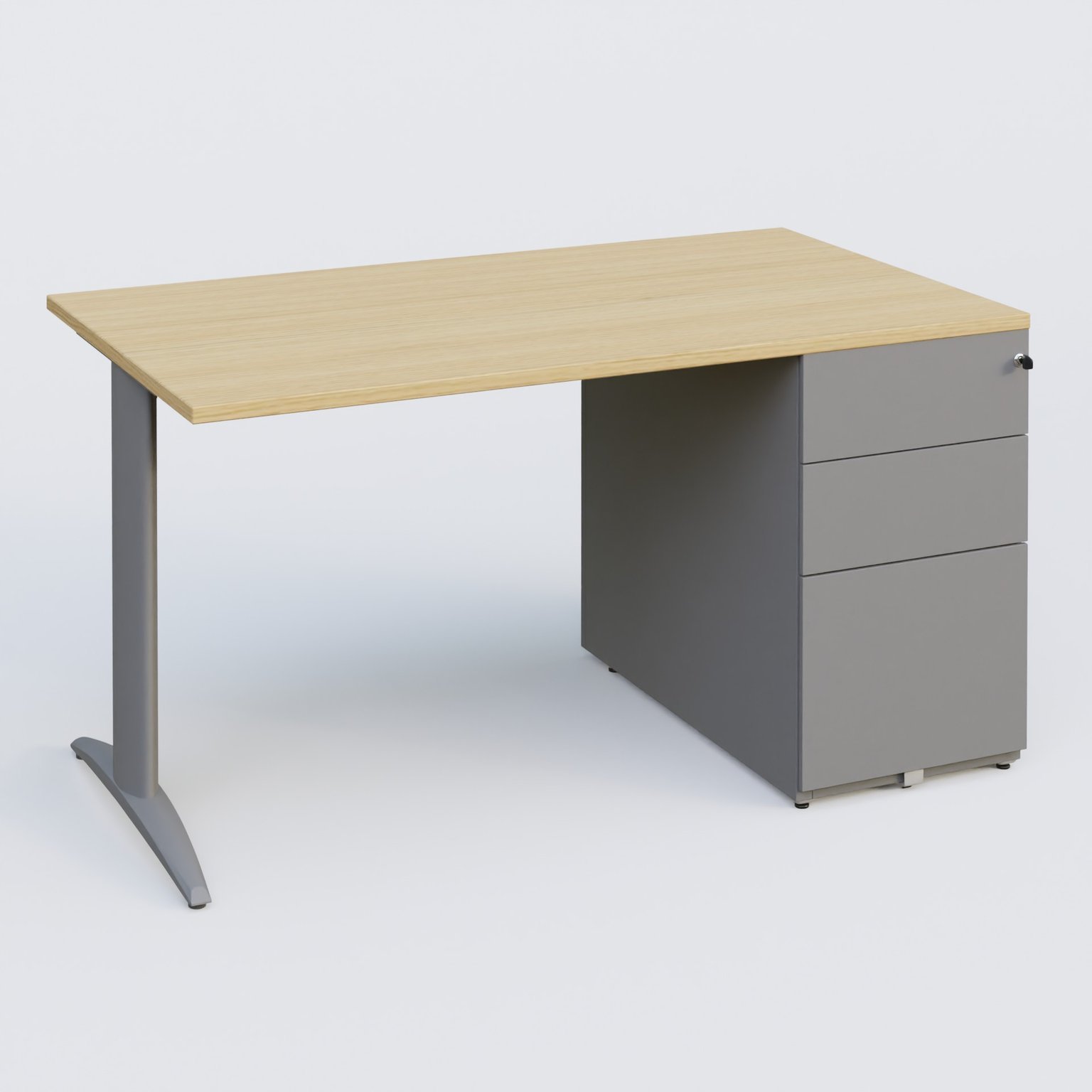K2 Plateau droit 140x80 avec caisson métalique sous le plateau. Plateau Chêne clair et pietement Aluminium