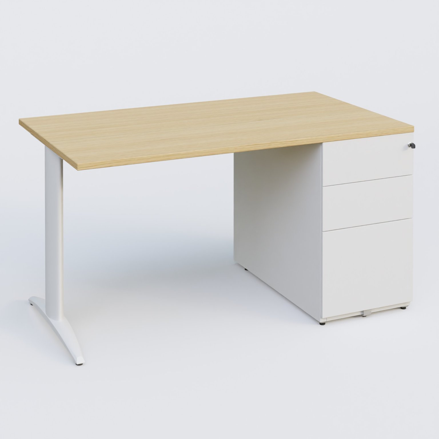 K2 Plateau droit 140x80 avec caisson métalique sous le plateau. Plateau Chêne clair et pietement Blanc