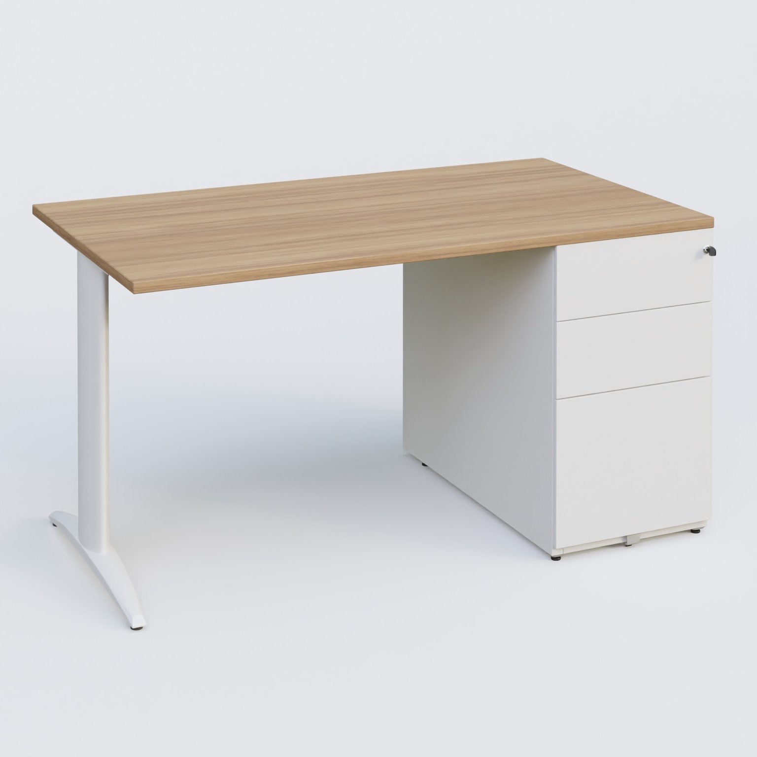 K2 Plateau droit 140x80 avec caisson métalique sous le plateau. Plateau Noyer et pietement Blanc