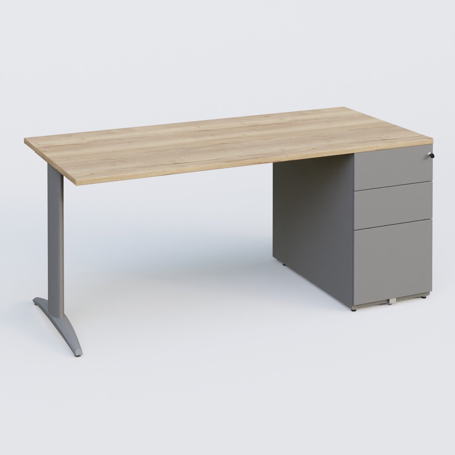 K2 Plateau droit 160x80 avec caisson métalique sous le plateau. Plateau Chêne naturel et pietement Aluminium