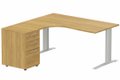 k1 Poutre - Plan compact 90° asymétrique 160x162x80 / 60cm avec caisson HB bois 3 tiroirs - retour à gauche -Finitions : PLATEAUX: NOYER (NO) / PIETEMENTS: ALUMINIUM (AL) / CAISSONS MELAMINE: NOYER (NO)