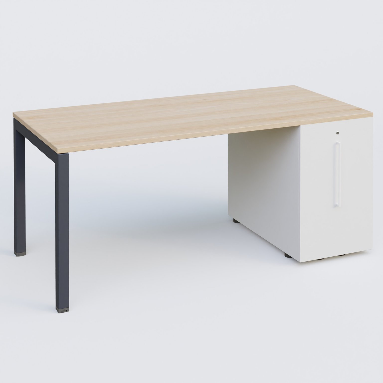 K3 Plateau droit 160x80 avec tour de rangement sous le plateau à droite. Plateau Hêtre et pietement Anthracite