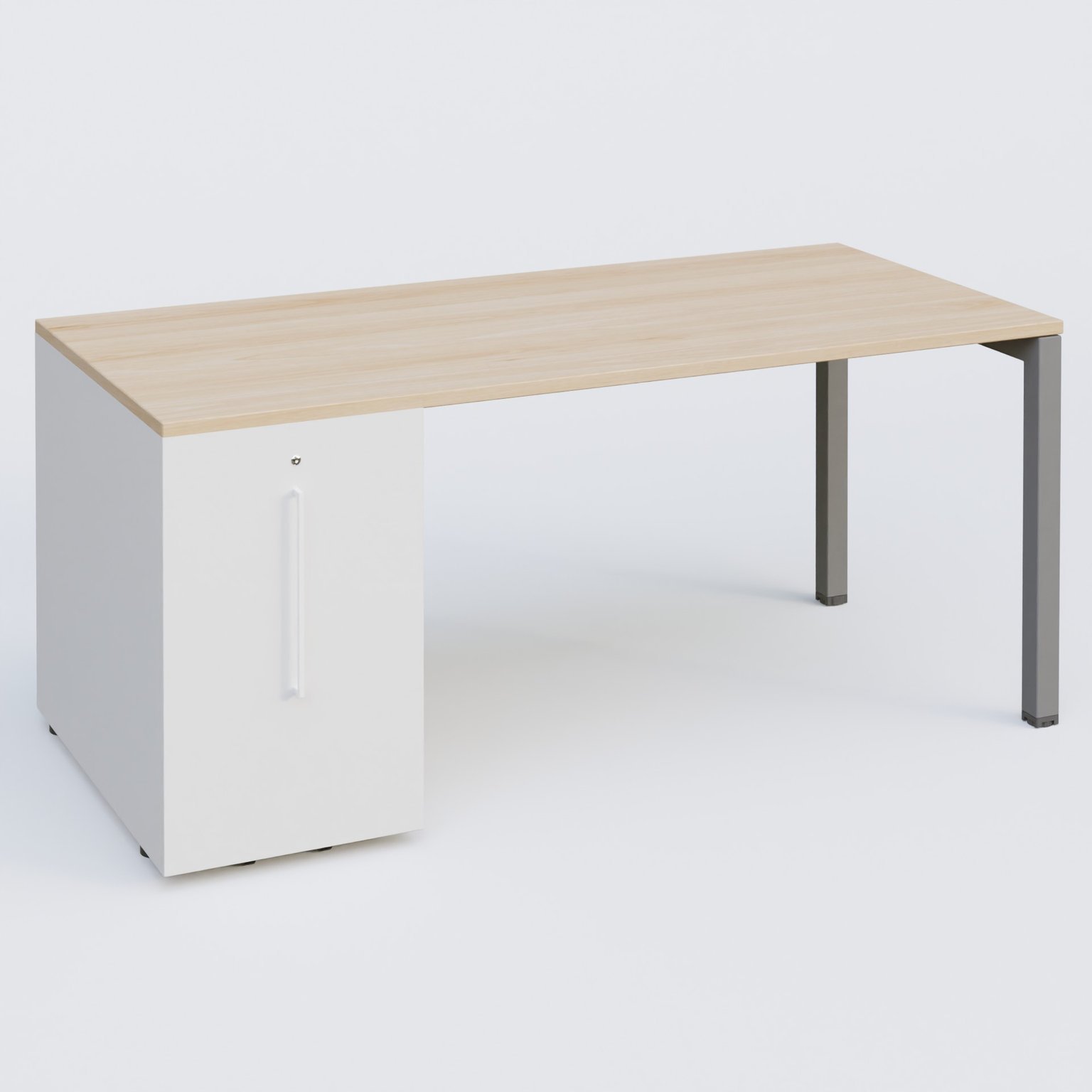 K3 Plateau droit 180x80 avec tour de rangement sous le plateau à gauche. Plateau Hêtre et pietement Aluminium