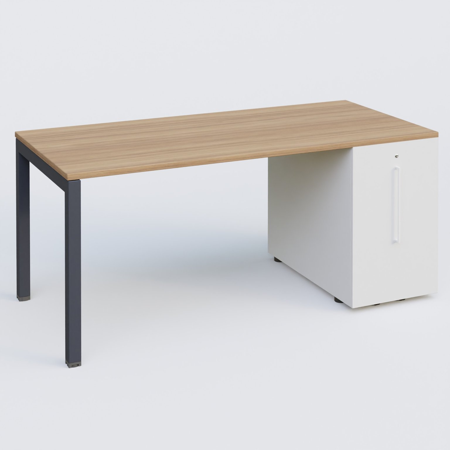 K3 Plateau droit 160x80 avec tour de rangement sous le plateau à droite. Plateau Noyer et pietement Anthracite