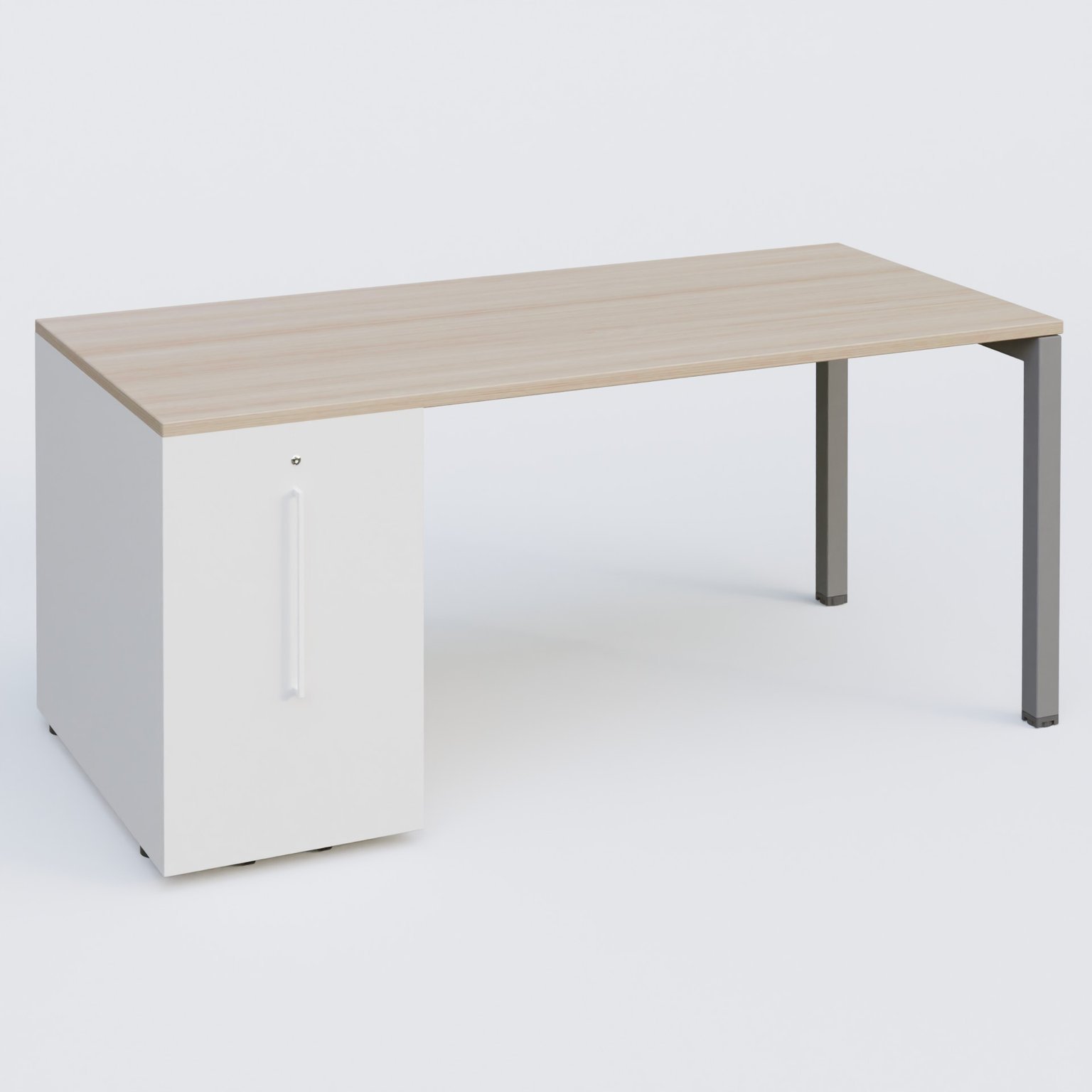 K3 Plateau droit 180x80 avec tour de rangement sous le plateau à gauche. Plateau Acacia et pietement Aluminium