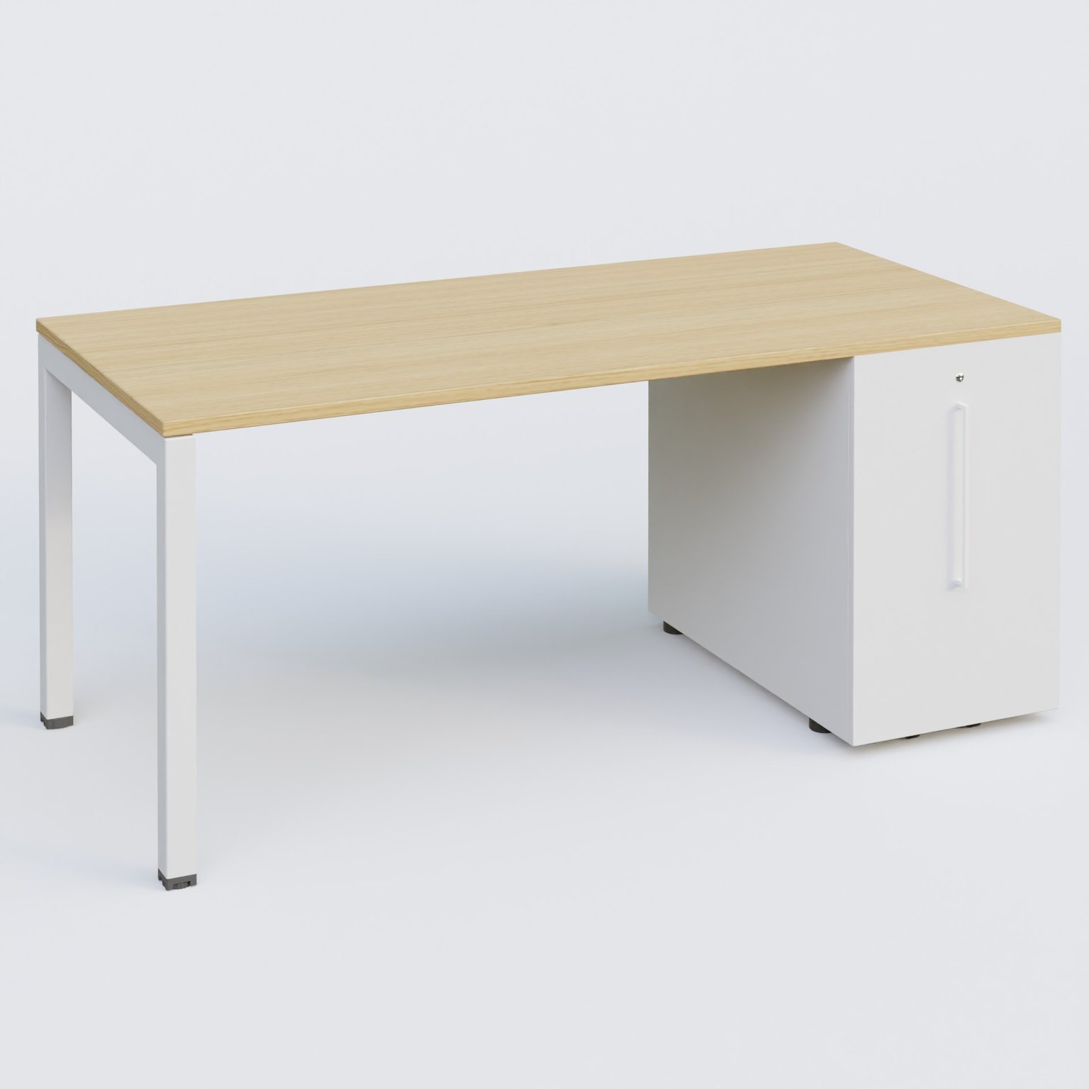 K3 Plateau droit 160x80 avec tour de rangement sous le plateau à droite. Plateau Chêne clair et pietement Blanc