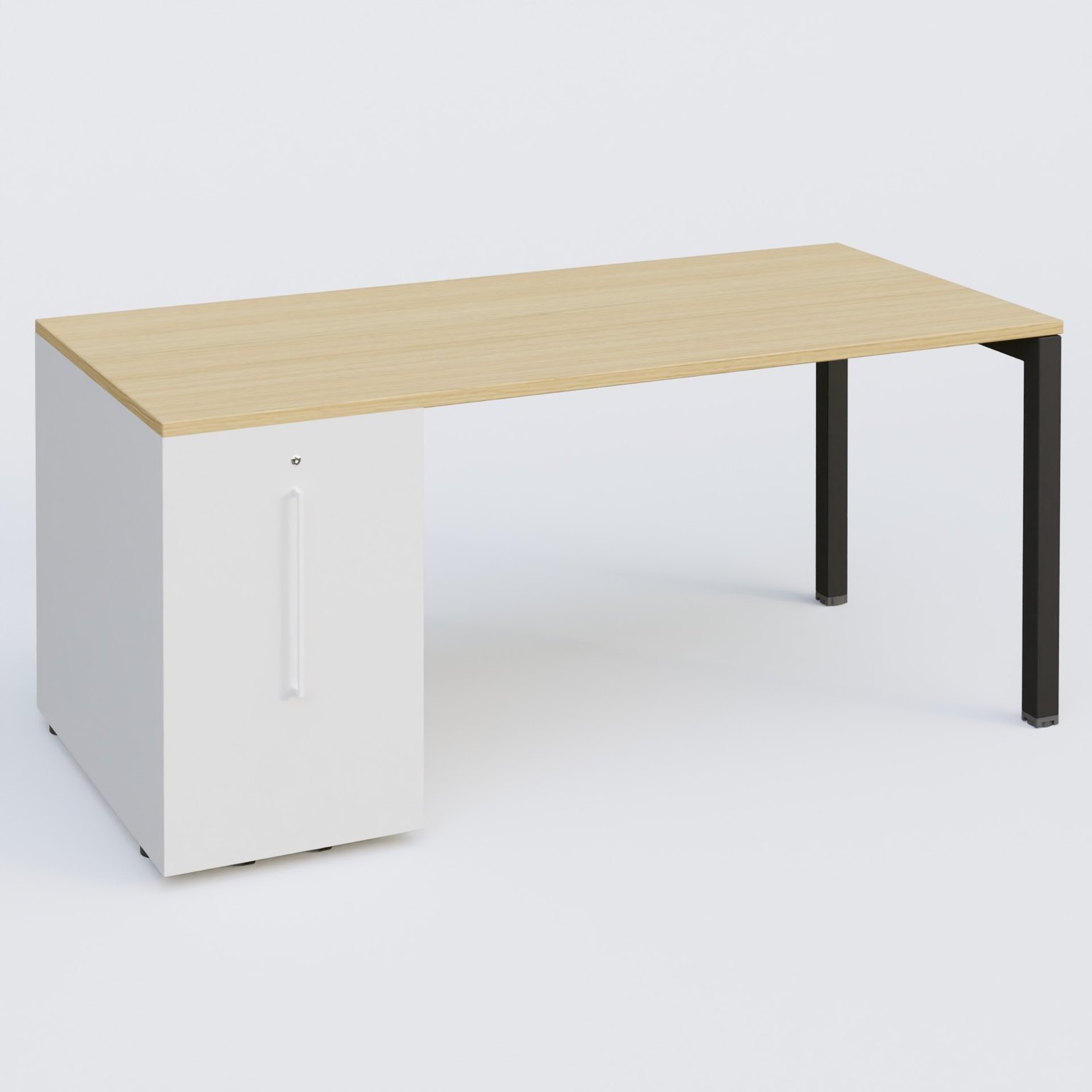 K3 Plateau droit 180x80 avec tour de rangement sous le plateau à gauche. Plateau Chêne clair et pietement Noir Mat