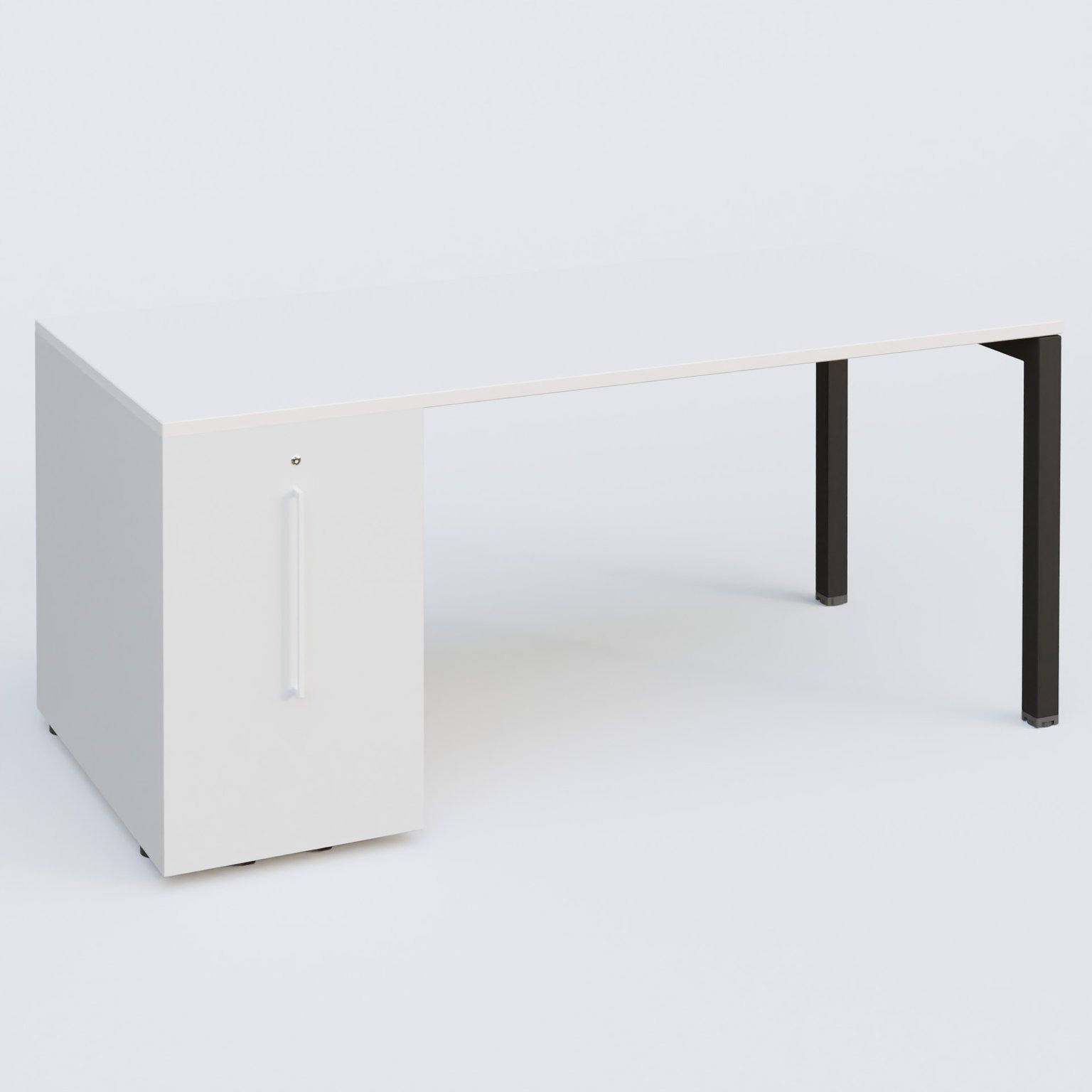 K3 Plateau droit 180x80 avec tour de rangement sous le plateau à gauche. Plateau Blanc et pietement Noir Mat