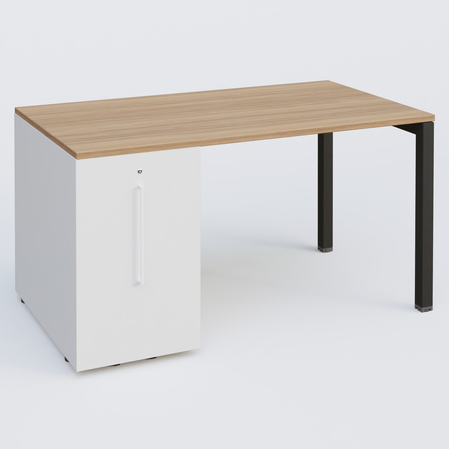 K3 Plateau droit 140x80 avec tour de rangement sous le plateau à gauche. Plateau Noyer et pietement Noir Mat