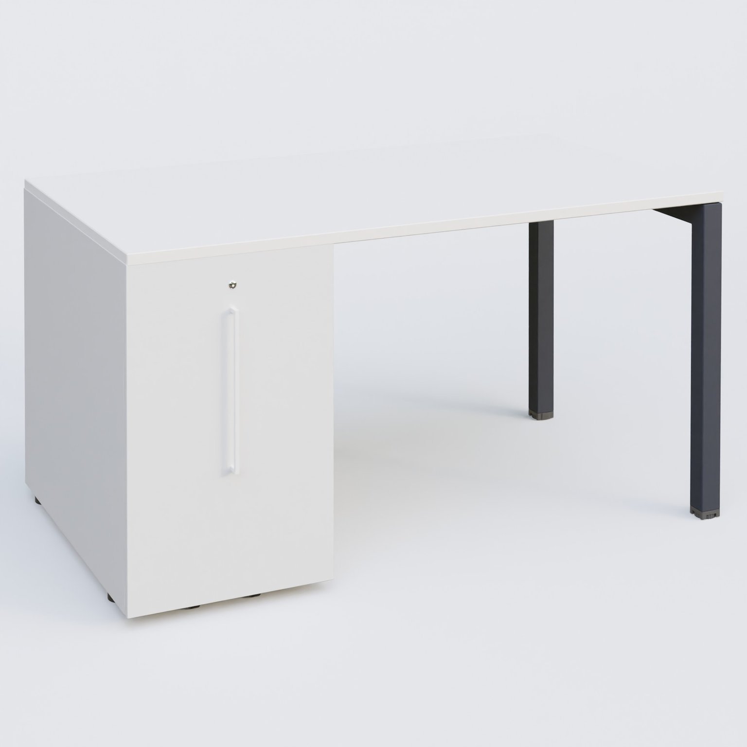 K3 Plateau droit 140x80 avec tour de rangement sous le plateau à gauche. Plateau Blanc et pietement Anthracite