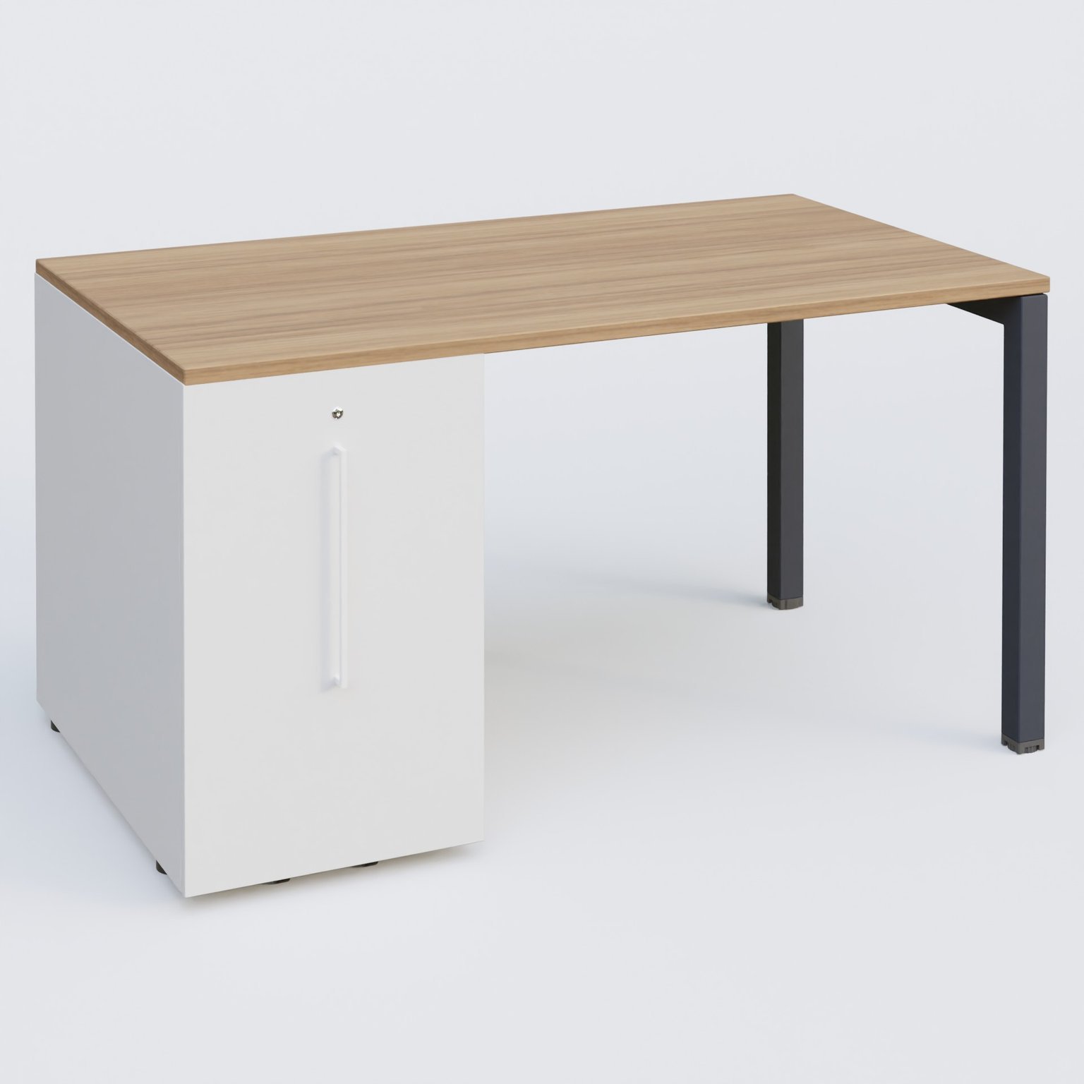 K3 Plateau droit 140x80 avec tour de rangement sous le plateau à gauche. Plateau Noyer et pietement Anthracite