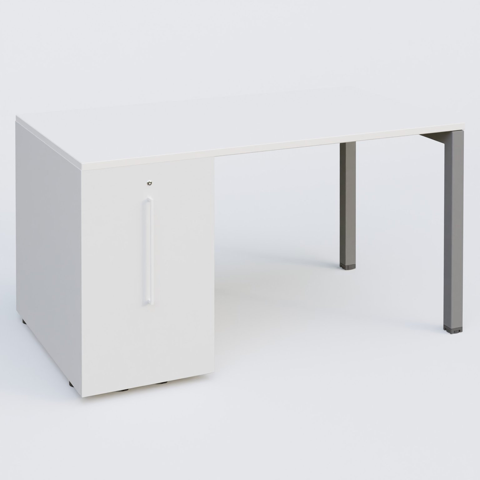 K3 Plateau droit 140x80 avec tour de rangement sous le plateau à gauche. Plateau Blanc et pietement Aluminium