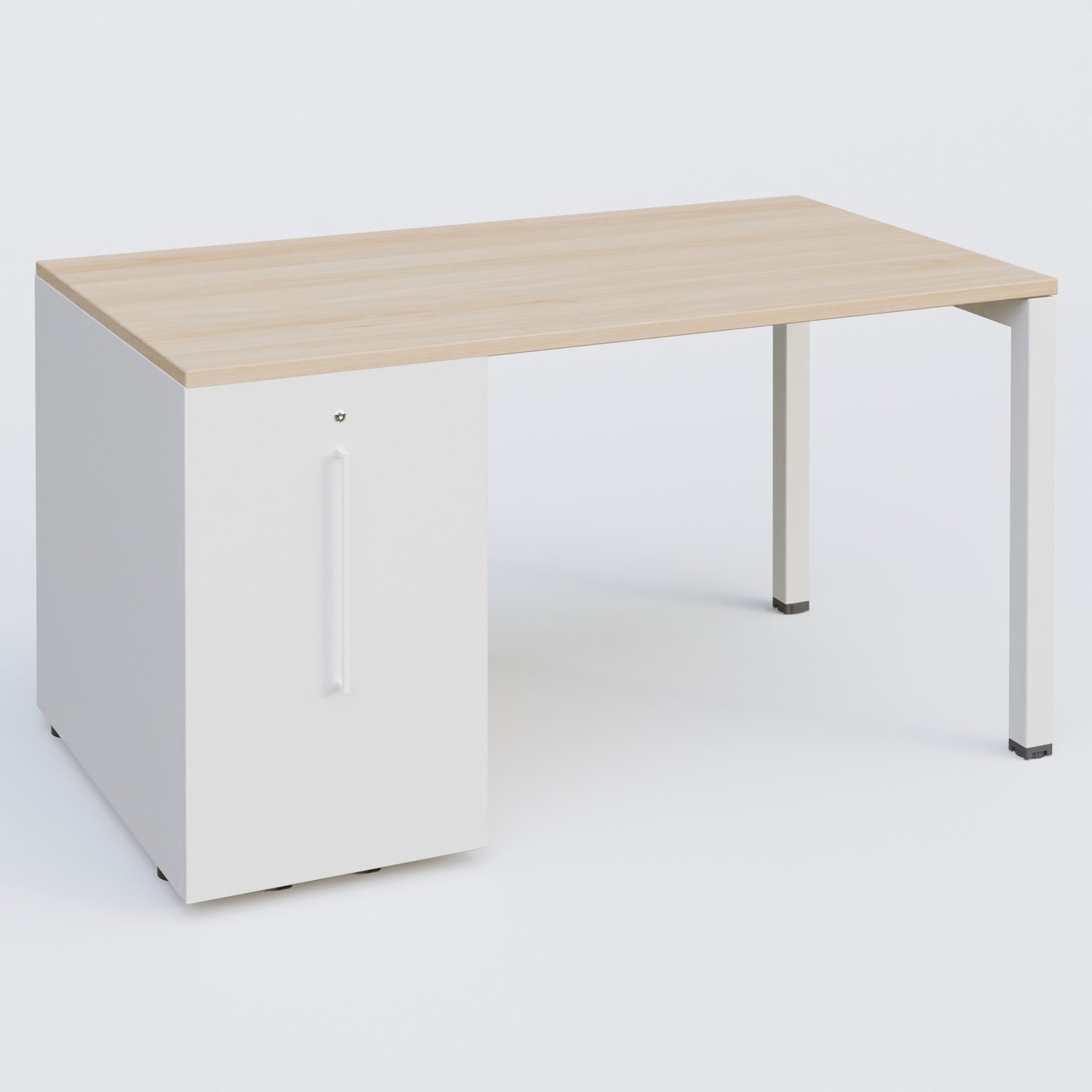 K3 Plateau droit 140x80 avec tour de rangement sous le plateau à gauche. Plateau Hêtre et pietement Blanc