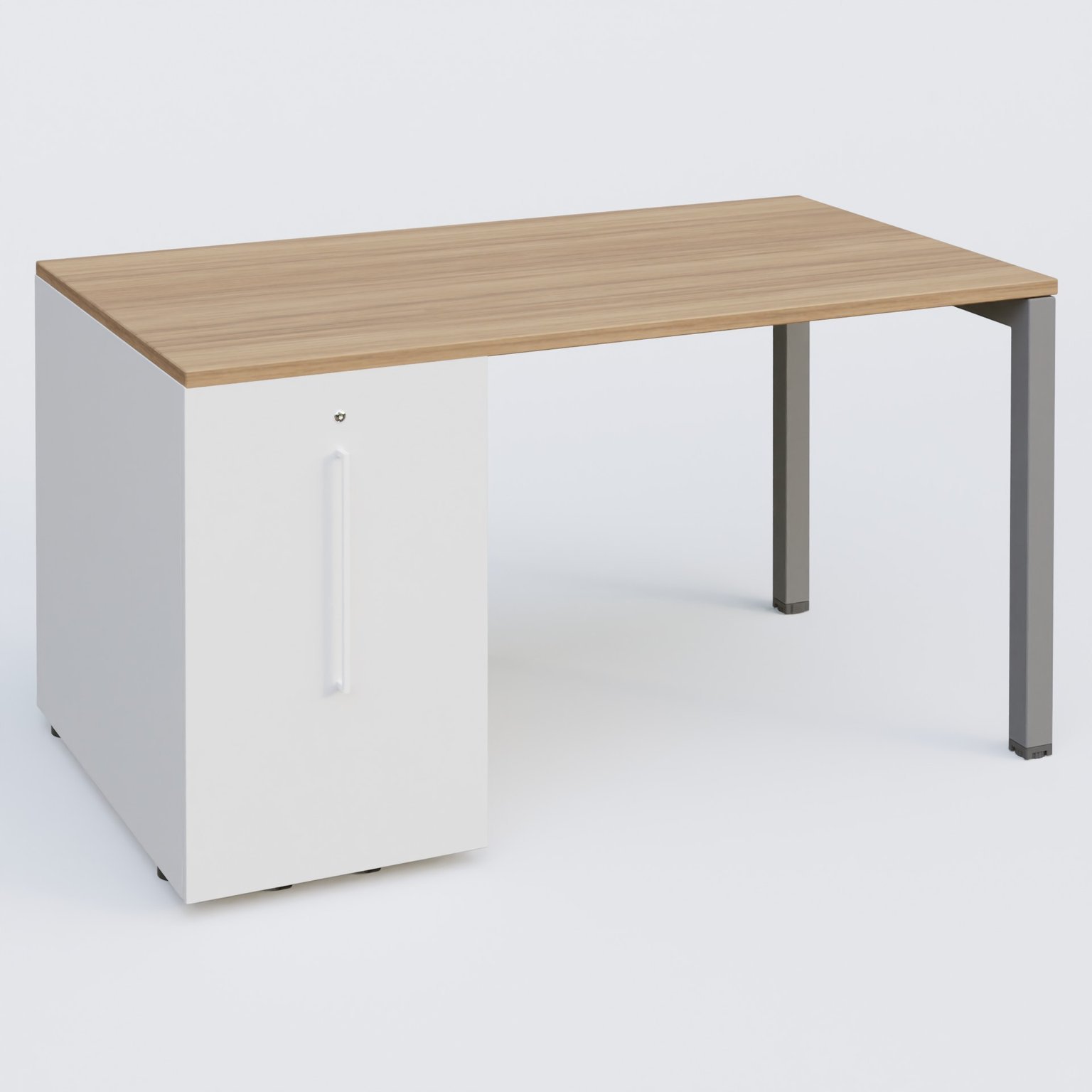 K3 Plateau droit 140x80 avec tour de rangement sous le plateau à gauche. Plateau Noyer et pietement Aluminium