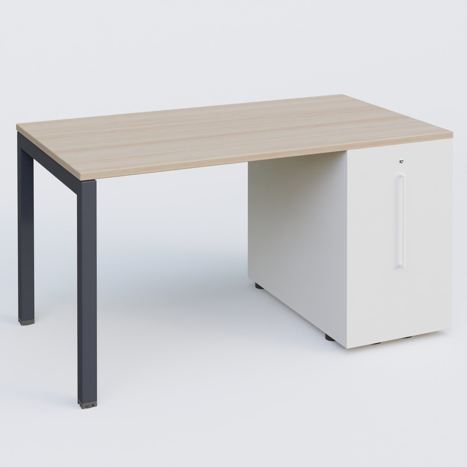K3 Plateau droit 140x80 avec tour de rangement sous le plateau à droite. Plateau Acacia et pietement Anthracite