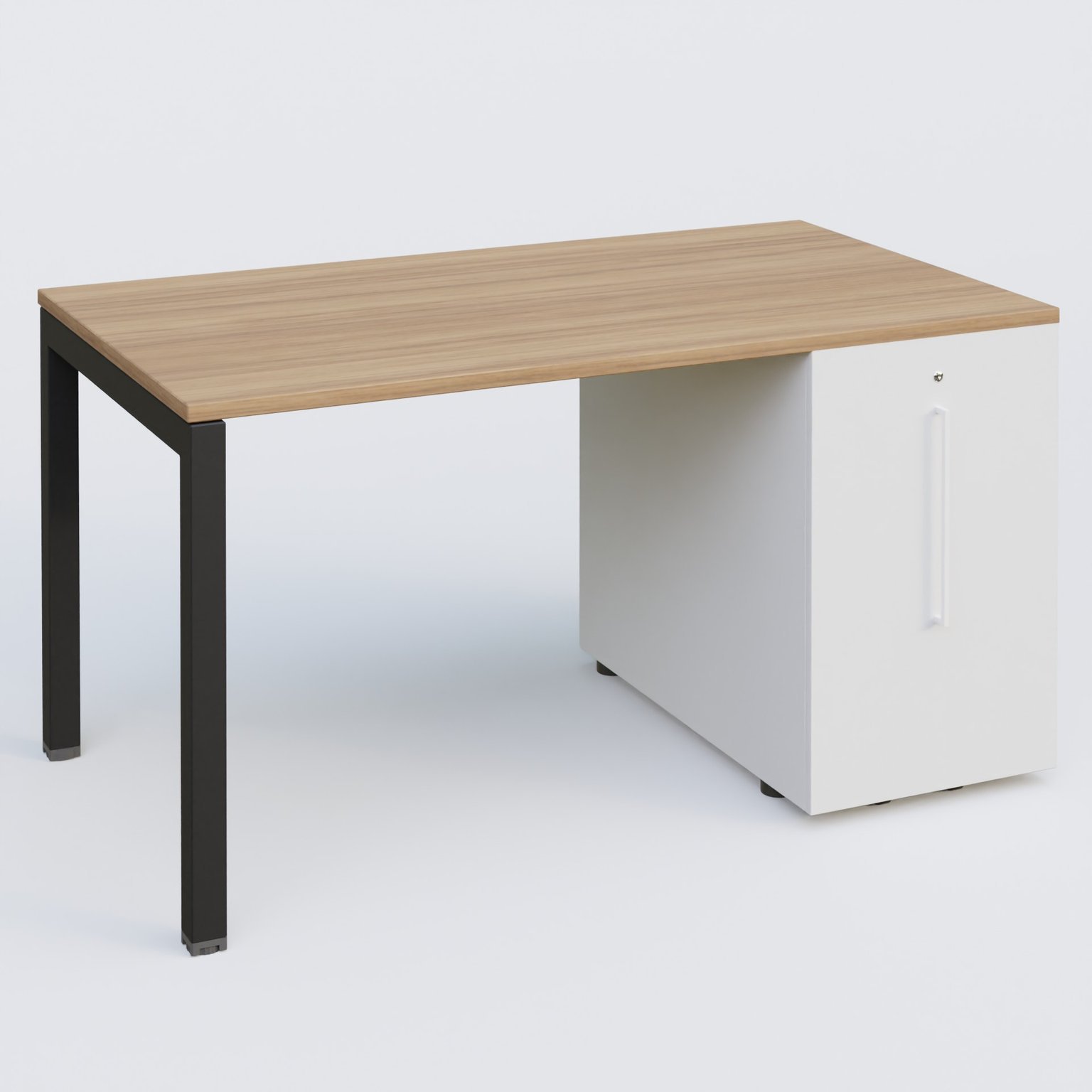 K3 Plateau droit 140x80 avec tour de rangement sous le plateau à droite. Plateau Noyer et pietement Noir Mat