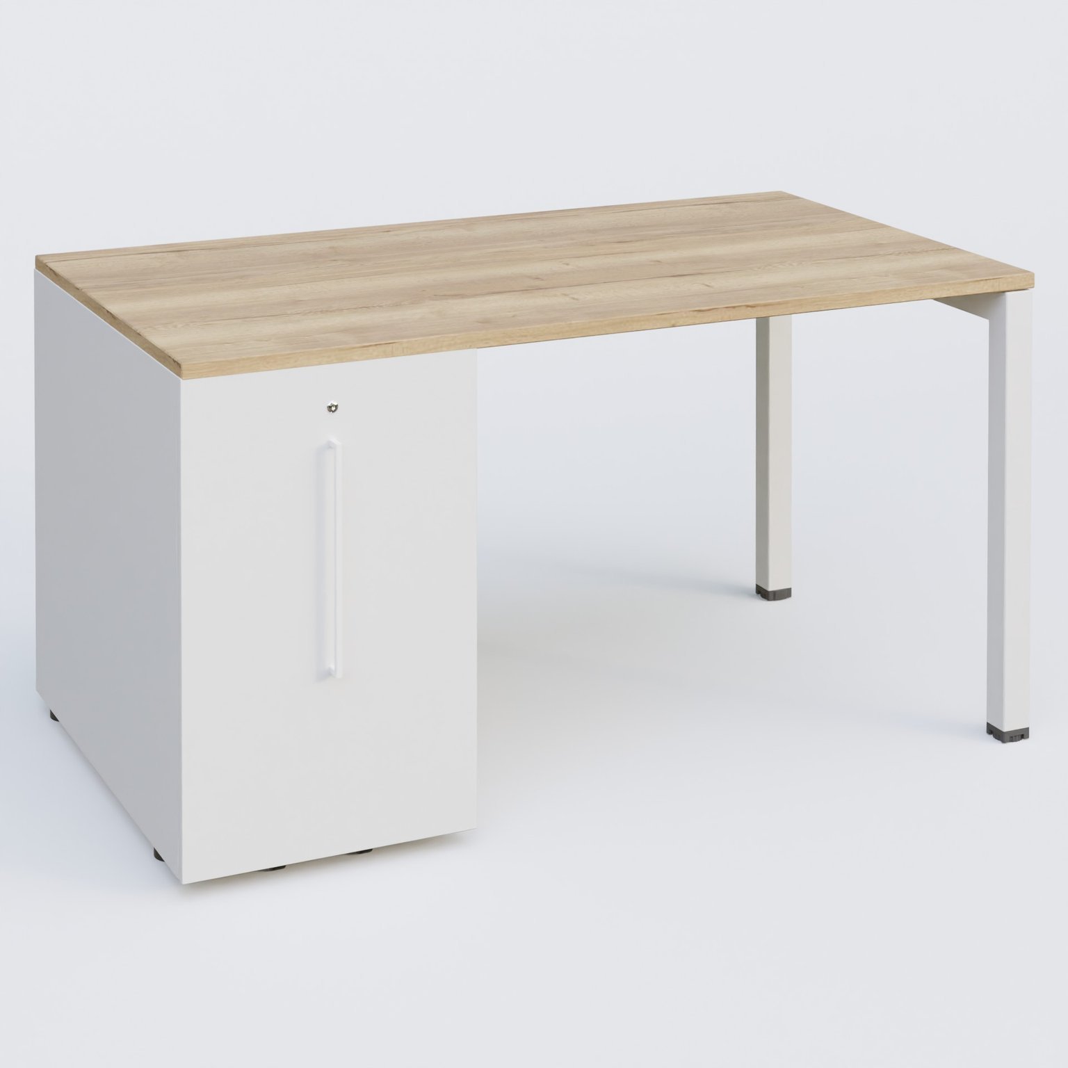 K3 Plateau droit 140x80 avec tour de rangement sous le plateau à gauche. Plateau Chêne naturel et pietement Blanc