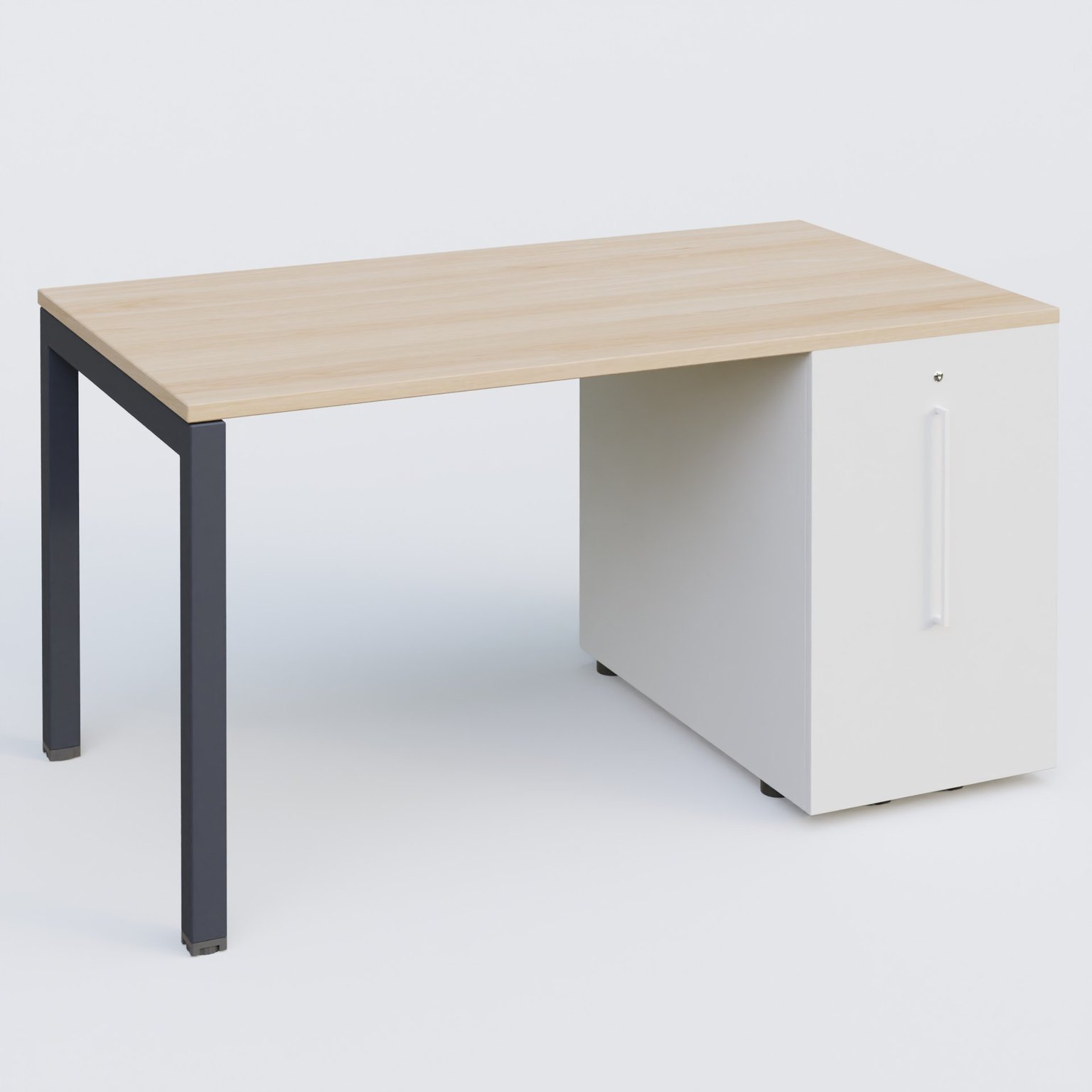 K3 Plateau droit 140x80 avec tour de rangement sous le plateau à droite. Plateau Hêtre et pietement Anthracite