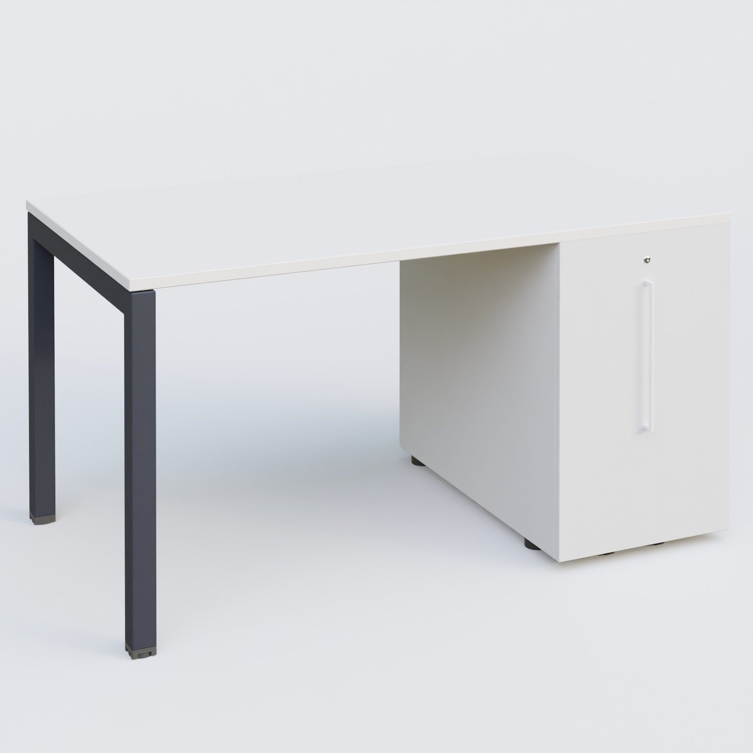 K3 Plateau droit 140x80 avec tour de rangement sous le plateau à droite. Plateau Blanc et pietement Anthracite