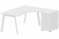 Plan compact 90° asymétrique avec caisson HB bois 160 x 162 x 80 / 60 cm, 3 tiroirs, plateau blanc, structure blanc