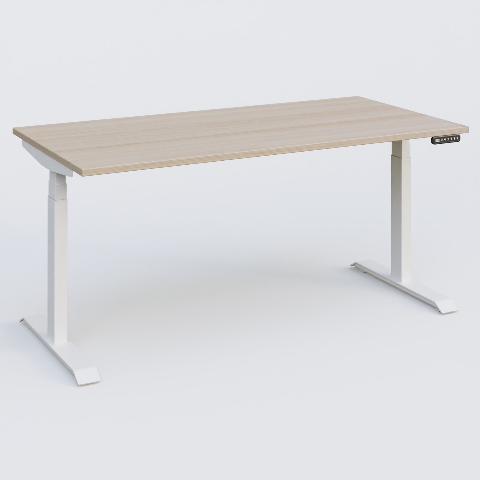 Poste solo 160*80 réglable en hauteur éléctriquement de 65-130 cm gamme KPro3. Plateau Acacia et pietement Blanc.