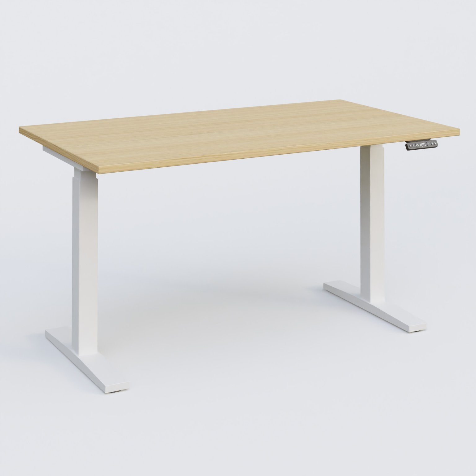 Poste solo 140*80 réglable en hauteur éléctriquement de 70-120 cm gamme KPro2. Plateau Chêne clair et pietement Blanc.