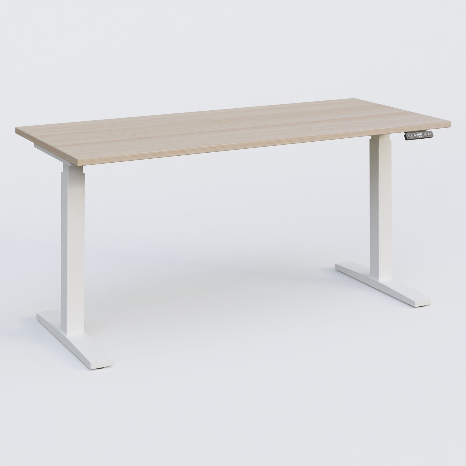 Poste solo 160*70 réglable en hauteur éléctriquement de 70-120 cm gamme KPro2. Plateau Acacia et pietement Blanc.