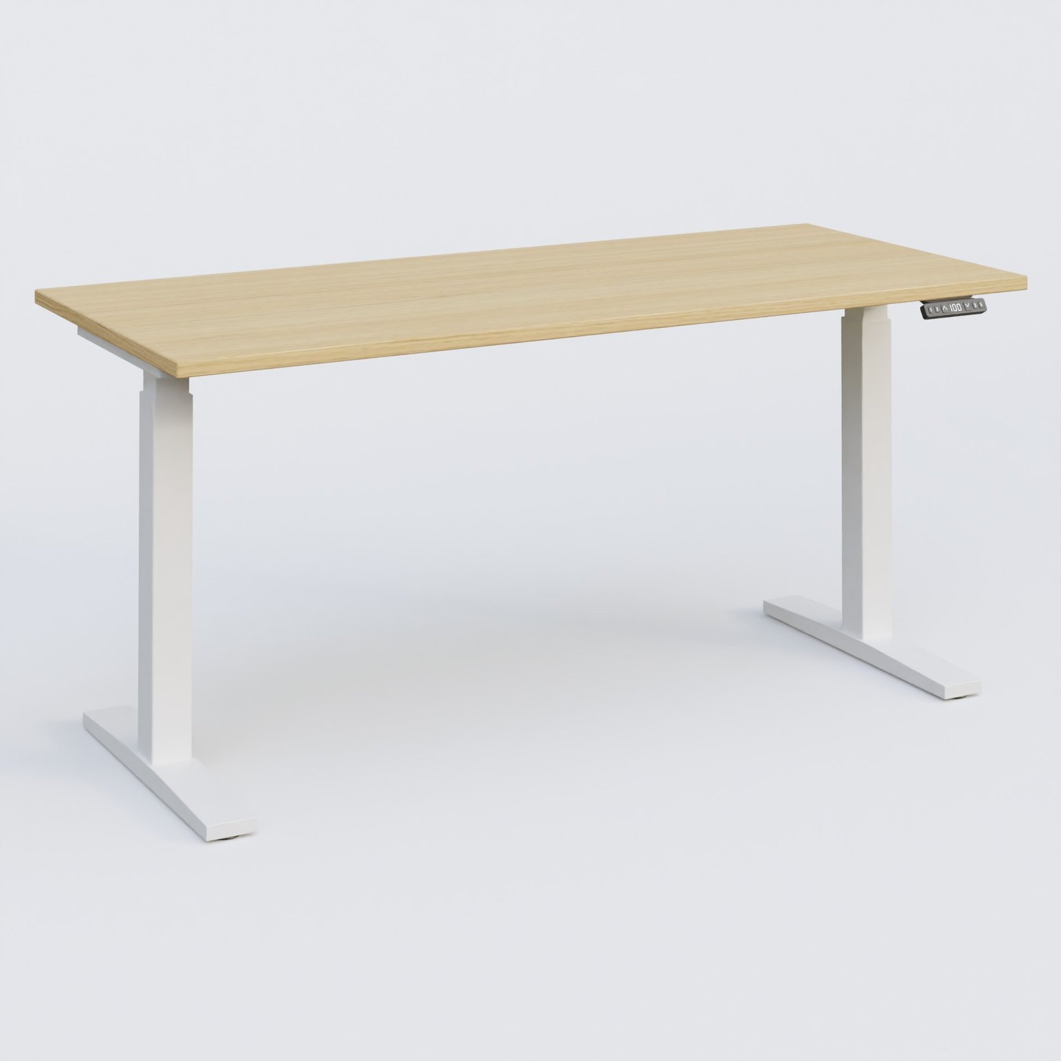 Poste solo 160*70 réglable en hauteur éléctriquement de 70-120 cm gamme KPro2. Plateau Chêne clair et pietement Blanc.