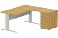 K1 Voile de fond Métal - Plan compact 90° asymétrique 180x162x80/60cm avec caisson HB bois 3 tiroirs - retour à droite -Finitions : PLATEAUX: NOYER (NO) / PIETEMENTS: ALUMINIUM (AL) / CAISSONS MELAMINE: NOYER (NO)