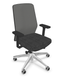 Siège de travail avec accoudoirs. Dossier en résille gris. support lombaire réglable en hauteur. Assise réglable en profondeur. Base à 5 branches en aluminium poli avec roulettes. Coloris anthracite
