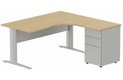K1 Voile de fond Métal - Plan compact 90° asymétrique 180x162x80/60cm avec caisson HB métal 3 tiroirs - retour à droite -Finitions : PLATEAUX: CHENE (CE) / PIETEMENTS: ALUMINIUM (AL) / CAISSONS METALLIQUES: ALUMINIUM (AL)