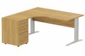 K1 Voile de fond Bois - Plan compact 90° asymétrique 180x162x80/60cm avec caisson HB bois 3 tiroirs - retour à gauche -Finitions : PLATEAUX: NOYER (NO) / PIETEMENTS: ALUMINIUM (AL) / CAISSONS MELAMINE: NOYER (NO)