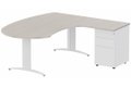 K2 compact 90° manager 190x141x104x60cm sur caisson HB métal 3 tiroirs, plateau acacia, structure blanc