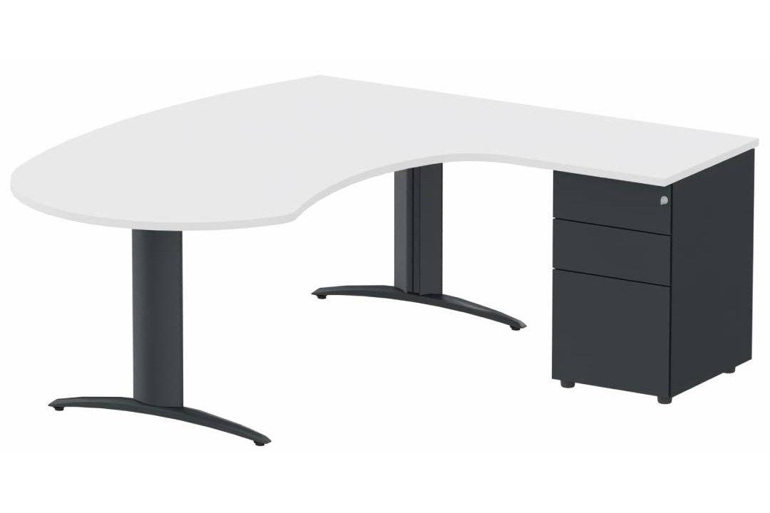 K2 compact 90° manager 190x141x104x60cm sur caisson HB métal 3 tiroirs, plateau blanc, structure anthracite