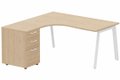 Plan compact 90° asymétrique avec caisson HB bois 160 x 162 x 80 / 60 cm, 3 tiroirs, plateau hêtre, structure blanc