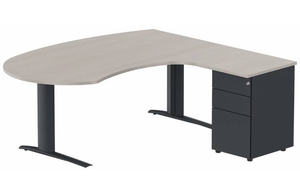 Gamme K1 - Plans compacts - K1 POUTRE compact 90° manager 190x141x104x60cm sur caisson HB métal 3 tiroirs, plateau acacia, structure anthracite