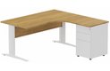 K1 Voile de fond Bois- Plan compact 90° asymétrique 160x162x80/60cm avec caisson HB métal 3 tiroirs - retour à droite -Finitions : PLATEAUX: NOYER (NO) / PIETEMENTS: BLANC (BL) / CAISSONS METALLIQUES: BLANC (BL)