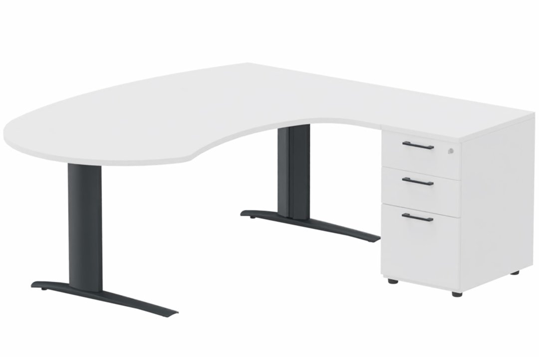 K1 POUTRE compact 90° manager 190x141x104x60cm sur caisson HB mélamine 3 tiroirs, plateau blanc, structure anthracite