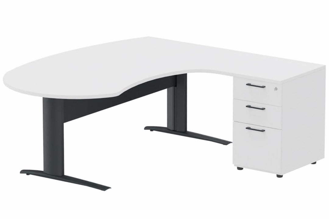 K1 VDF métal compact 90° manager 190x141x104x60cm sur caisson HB mélamine 3 tiroirs, plateau blanc, structure anthracite