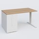 K1 Plateau droit 140x80 avec tour de rangement sous plateau à gauche. Plateau Noyer et pietement Blanc