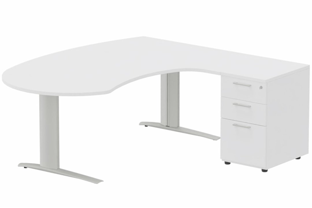 K1 POUTRE compact 90° manager 190x141x104x60cm sur caisson HB mélamine 3 tiroirs, plateau blanc, structure aluminium