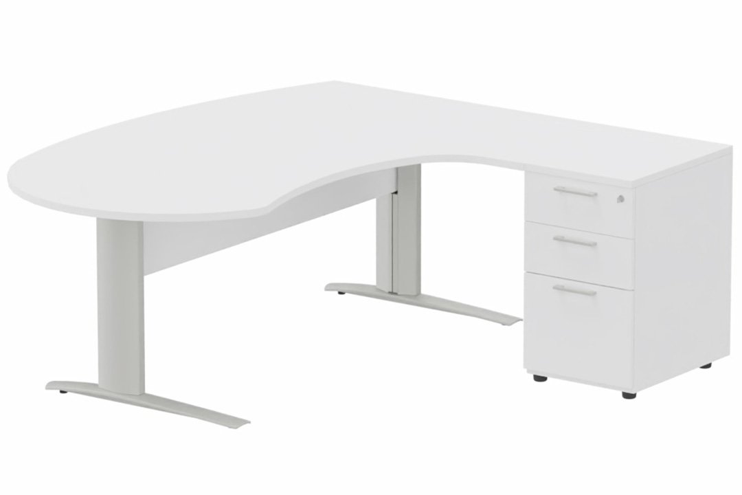 K1 VDF bois compact 90° manager 190x141x104x60cm sur caisson HB mélamine 3 tiroirs, plateau blanc, structure aluminium
