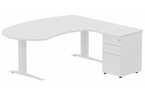 Gamme K1 - Plans compacts - K1 POUTRE compact 90° manager 190x141x104x60cm sur caisson HB métal 3 tiroirs, plateau blanc, structure blanc