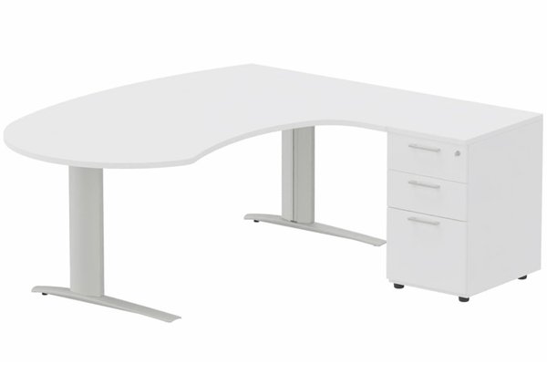 Gamme K1 - Plans compacts - K1 POUTRE compact 90° manager 190x141x104x60cm sur caisson HB mélamine 3 tiroirs, plateau blanc, structure aluminium