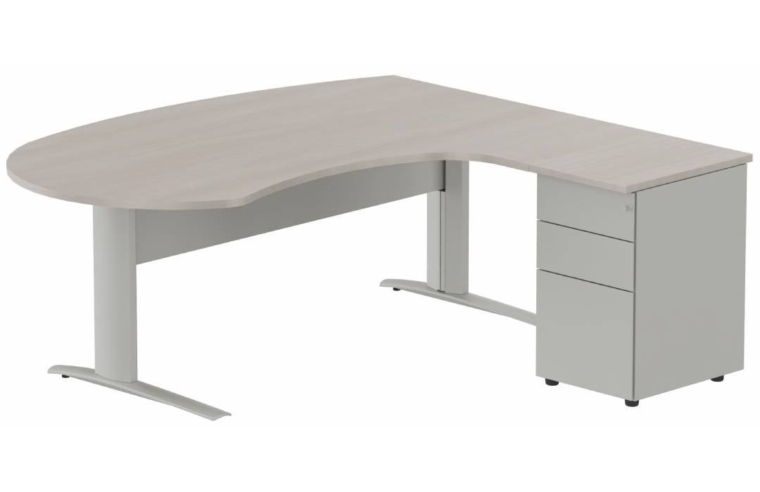 K1 VDF métal compact 90° manager 190x141x104x60cm sur caisson HB métal 3 tiroirs, plateau acacia, structure aluminium