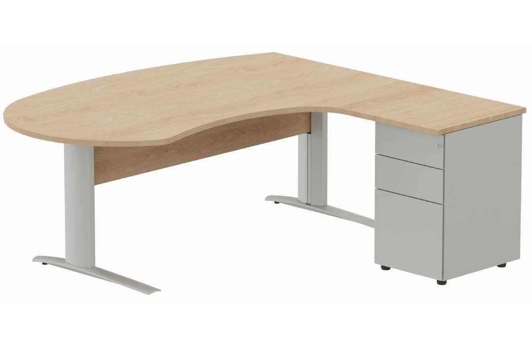 K1 VDF bois compact 90° manager 190x141x104x60cm sur caisson HB métal 3 tiroirs, plateau hêtre, structure aluminium