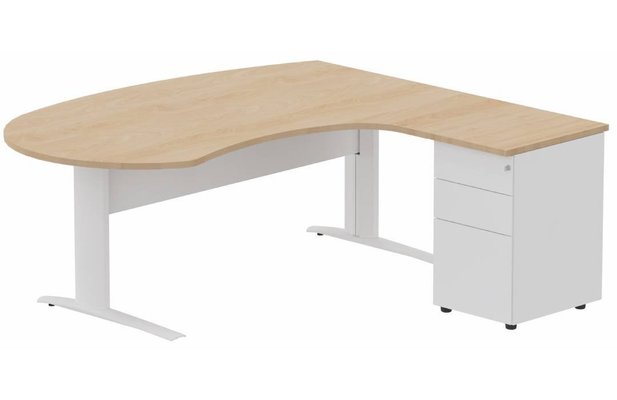 Gamme K1 - Plans compacts - K1 VDF métal compact 90° manager 190x141x104x60cm sur caisson HB métal 3 tiroirs, plateau hêtre, structure blanc