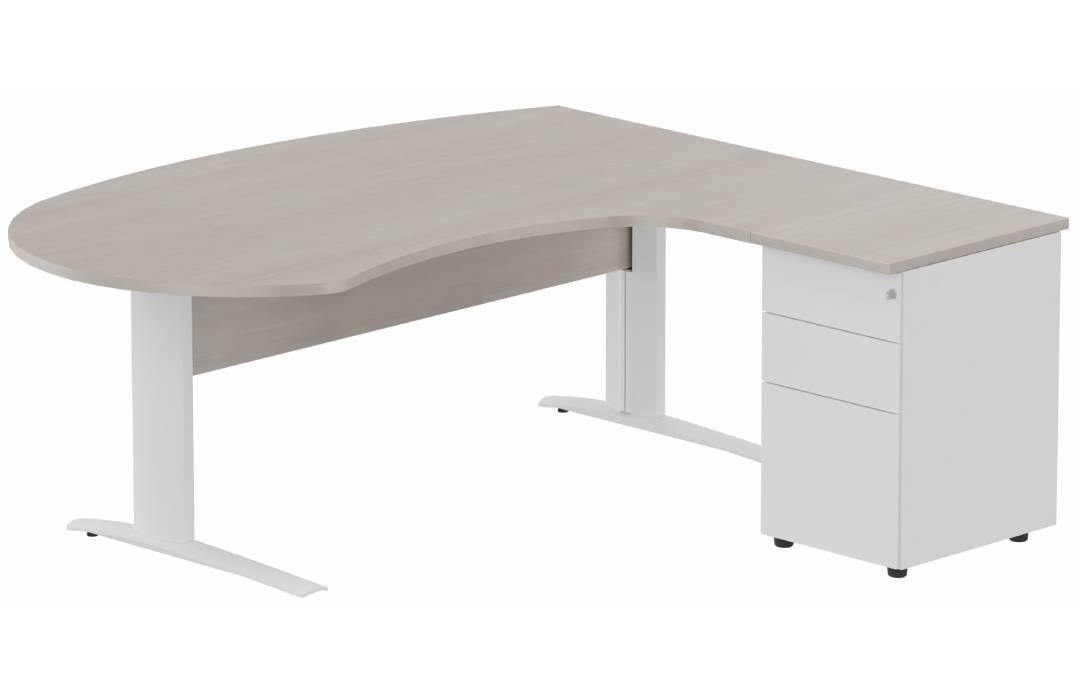 K1 VDF bois compact 90° manager 190x141x104x60cm sur caisson HB métal 3 tiroirs, plateau acacia, structure blanc