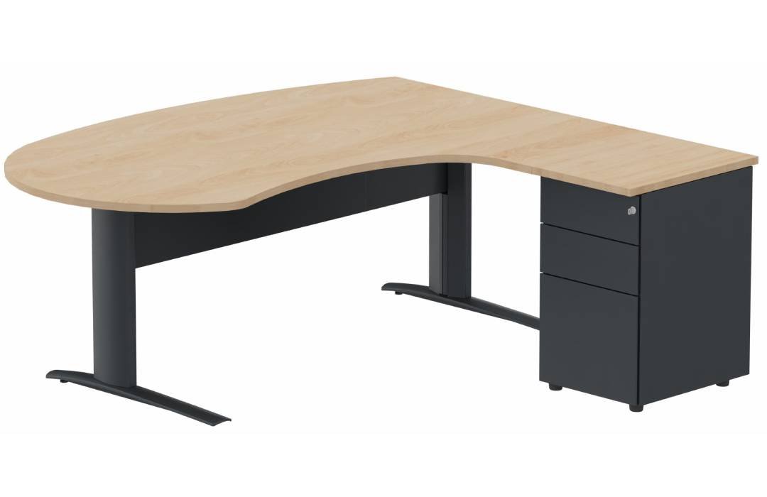 K1 VDF métal compact 90° manager 190x141x104x60cm sur caisson HB métal 3 tiroirs, plateau hêtre, structure anthracite